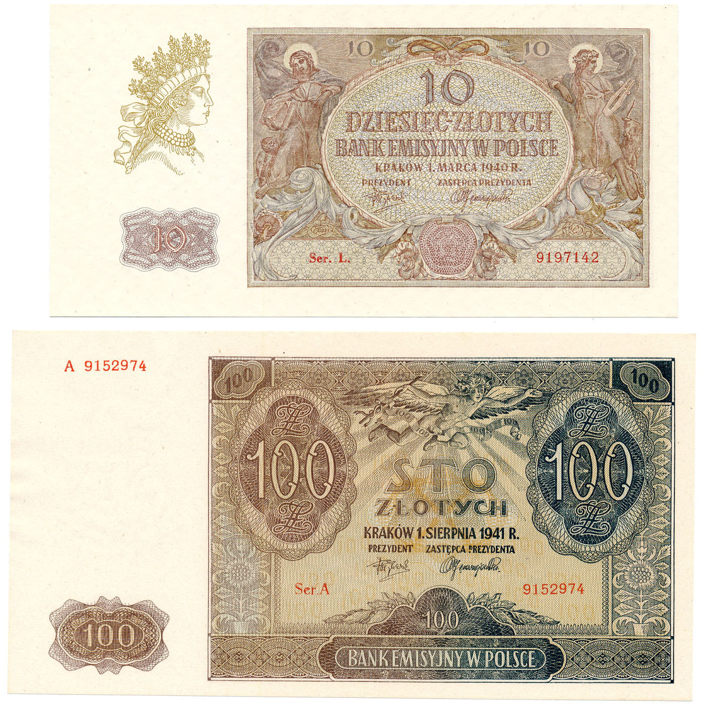 10 złotych 1940 seria L, 100 złotych 1941 seria A